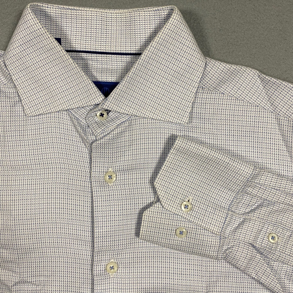 David Donahue Trim Fit Dress Shirt Mens 15.5 34/35 Geometric Light Blue